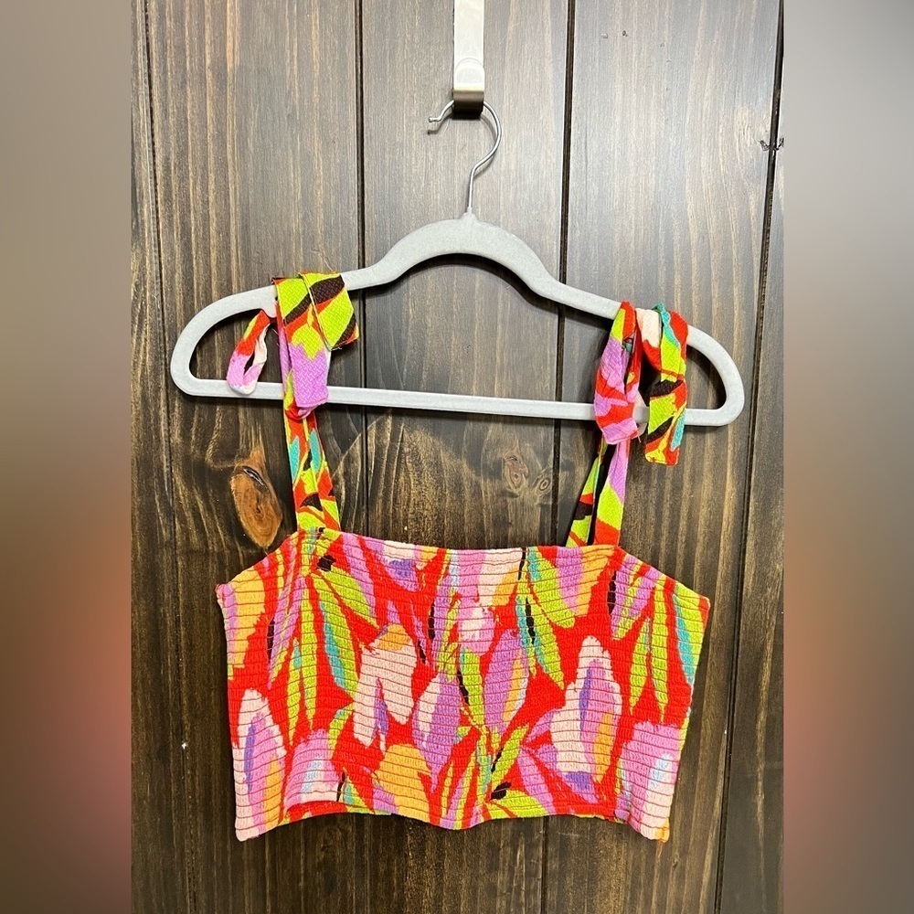 Lulus Red, Tropical-Multi Print Smocked Tie-Strap Top - 
Size: XL - Picture 4 of 8
